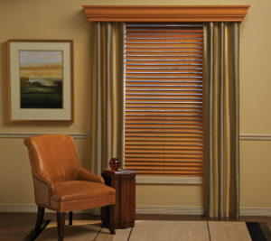 wood blinds, custom drapes, curtains, wood blinds, custom cornice